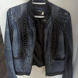 Jeans/Leather Moto-Style Jacket with Lace-Up Details - Small/Medium